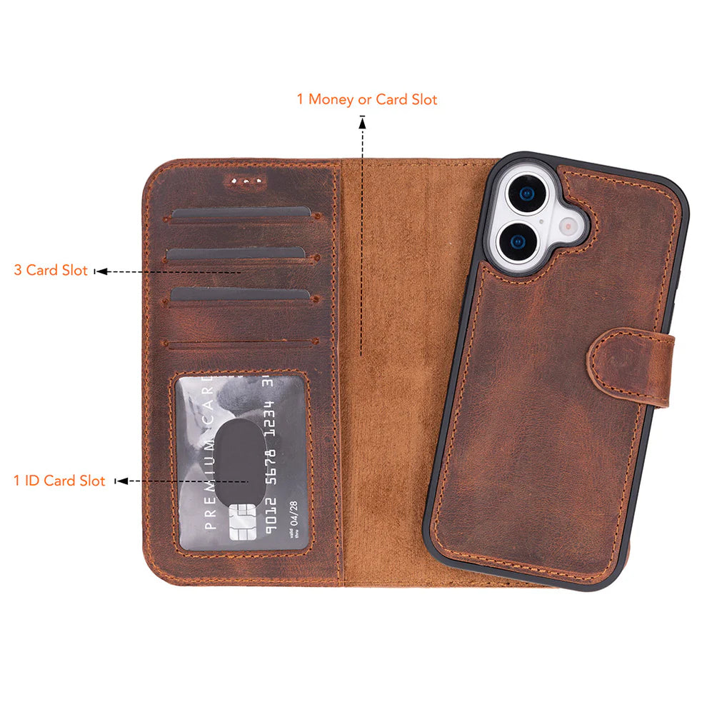 Leather iPhone 17 Wallet Case – Magnetic Detachable, 4-Card Folio