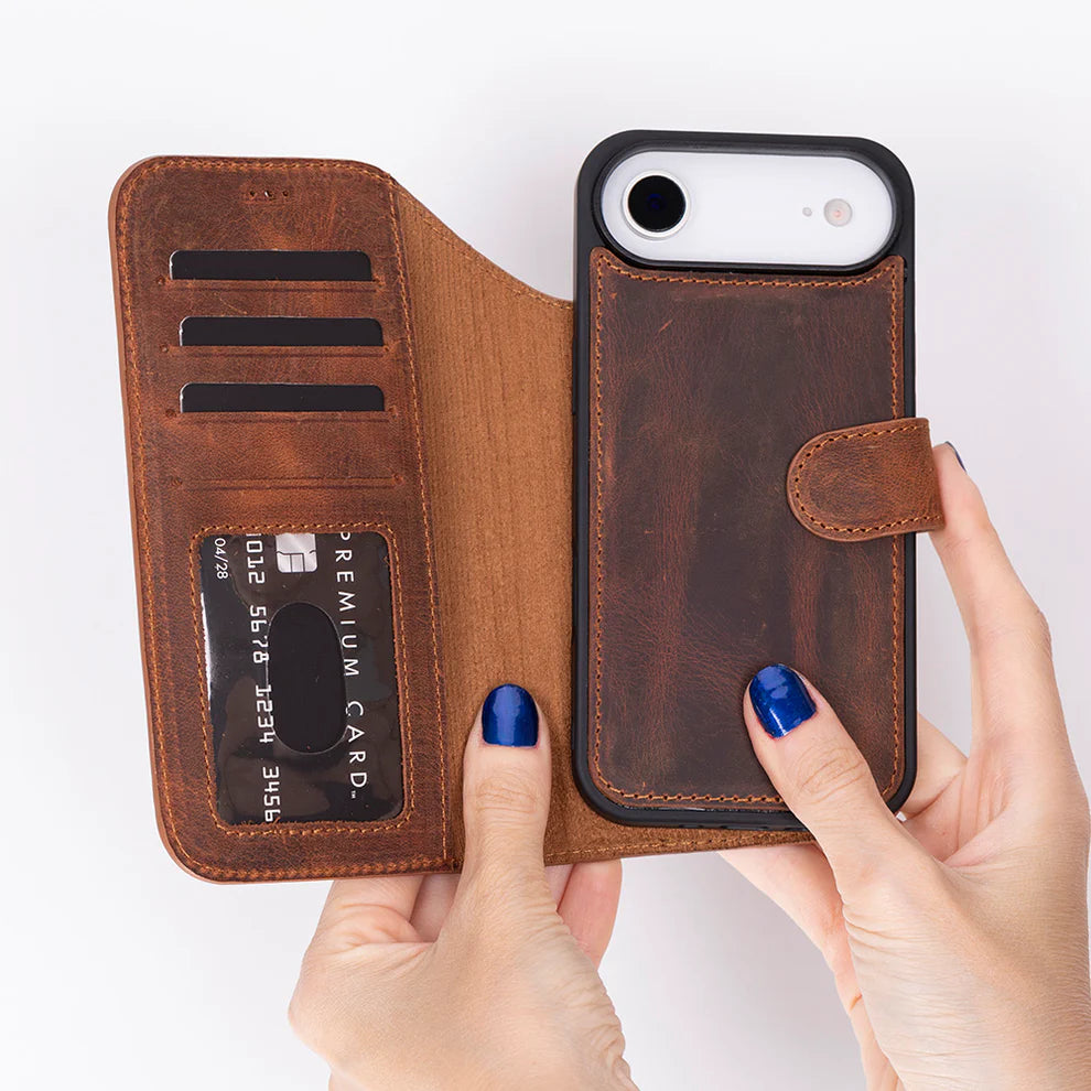 Leather iPhone 17 Air Wallet Case – Magnetic Detachable, 4-Card Folio