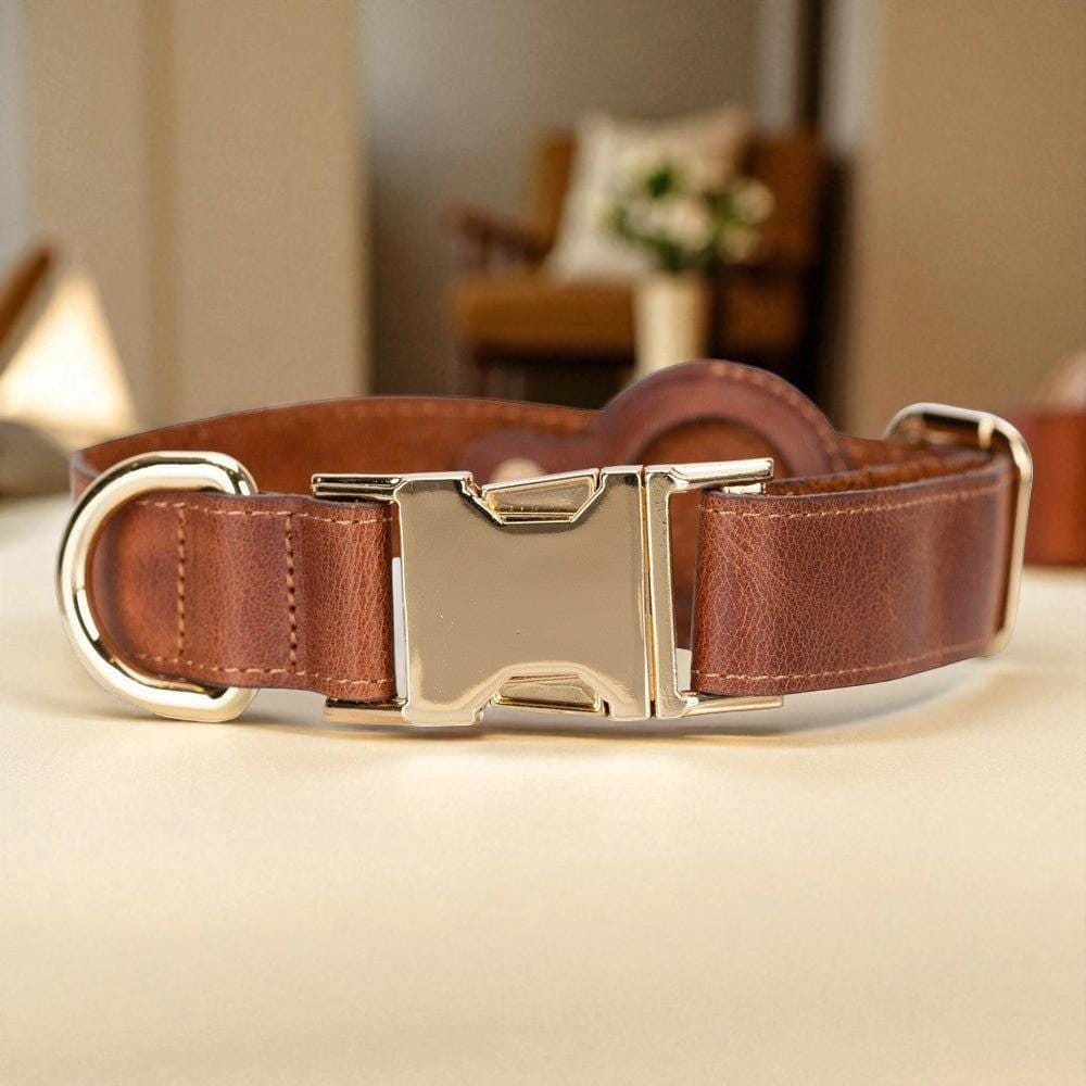Custom Leather Dog Collar with AirTag Holder – Personalized, Adjustable, 8 Colors