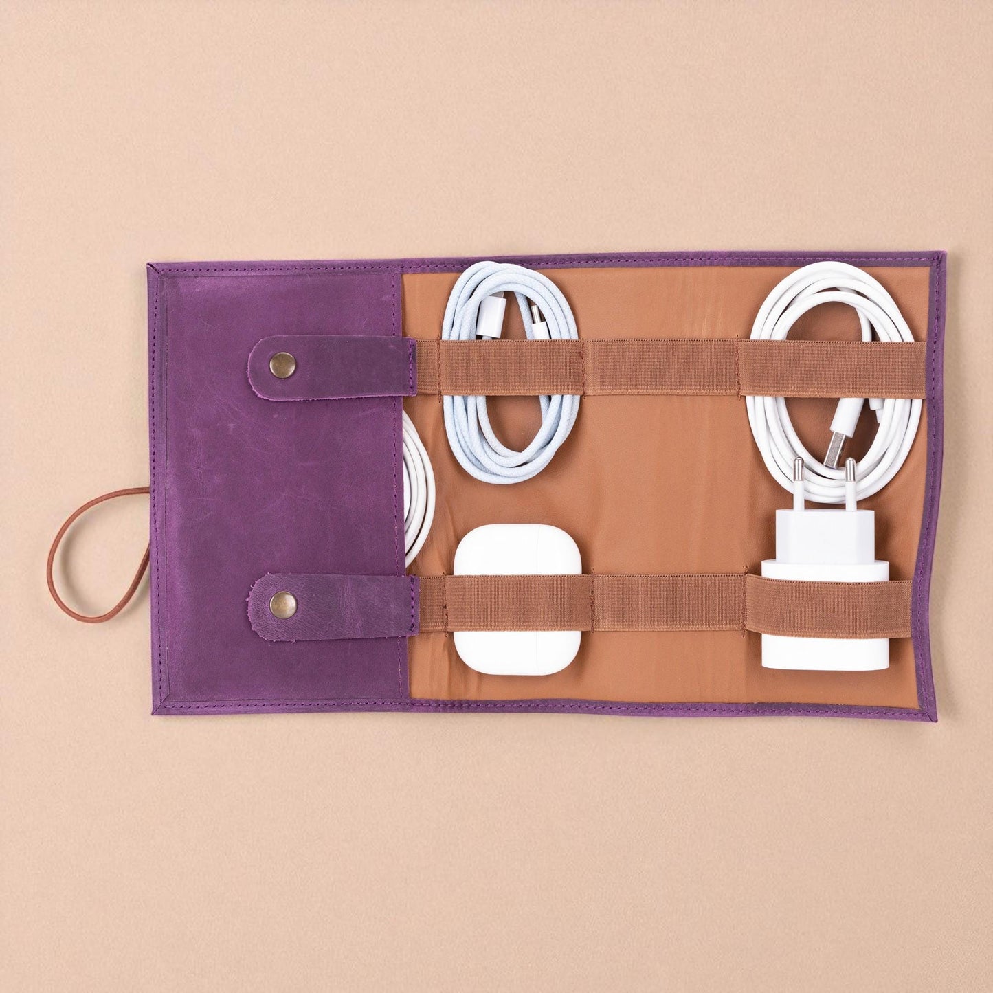 Personalised Leather Cable Organiser – Travel Cord Keeper Roll, Tech Gift