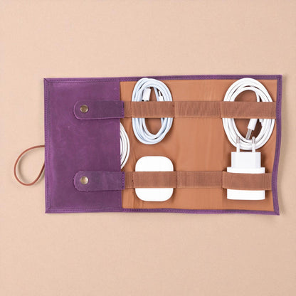 Personalised Leather Cable Organiser – Travel Cord Keeper Roll, Tech Gift