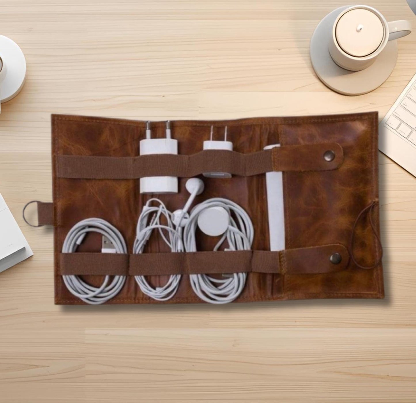 Personalised Leather Cable Organiser – Travel Cord Keeper Roll, Tech Gift