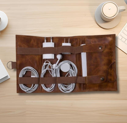 Personalised Leather Cable Organiser – Travel Cord Keeper Roll, Tech Gift