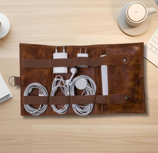 Personalised Leather Cable Organiser – Travel Cord Keeper Roll, Tech Gift