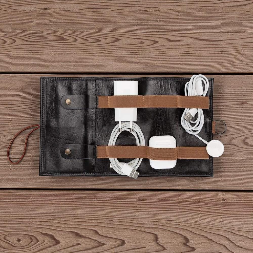 Personalised Leather Cable Organiser – Travel Cord Keeper Roll, Tech Gift