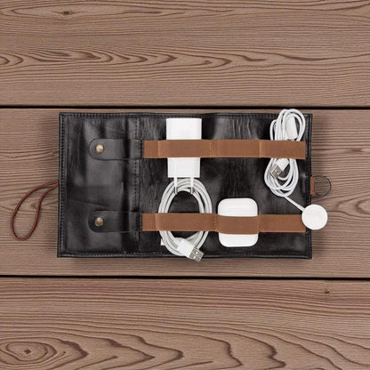 Personalised Leather Cable Organiser – Travel Cord Keeper Roll, Tech Gift