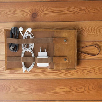 Personalised Leather Cable Organiser – Travel Cord Keeper Roll, Tech Gift